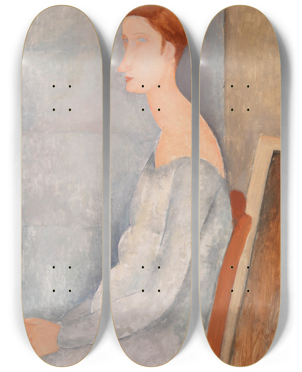 Triptych art skateboard deck of Amedeo Modigliani Portrait Of Jeanne Hbuterne_2 by Amedeo Modigliani (1884-1920)
