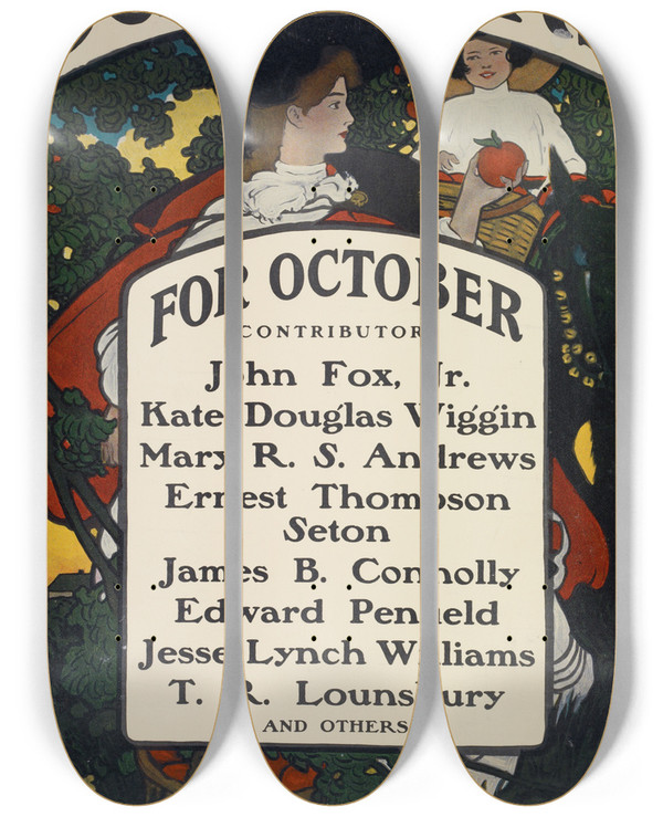 Triptych art skateboard deck of Blendon Campbell Scribners For October by Blendon Campbell (1872-1969)