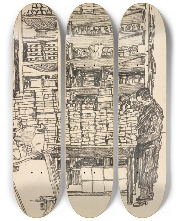 Triptych art skateboard deck of Egon Schiele Supply Depot Storeroom With Civilian Worker In Vienna Schottenfeldgasse by Egon Schiele (1890-1918)