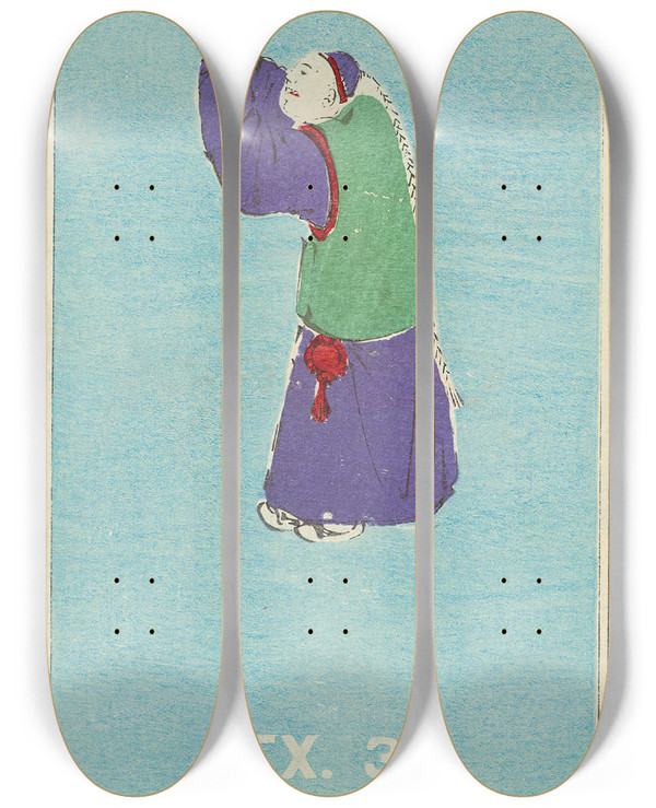 Triptych art skateboard deck of Jinta Hirayama Illustrated Catalogue Of Daylight Bomb Shells Ex 3 by Jinta Hirayama (19-)