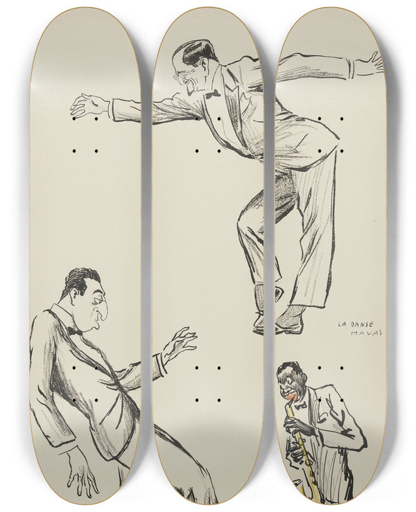 Triptych art skateboard deck of Georges Goursat Sem La Danse Havas by Georges Goursat (Sem) (1863-1934)