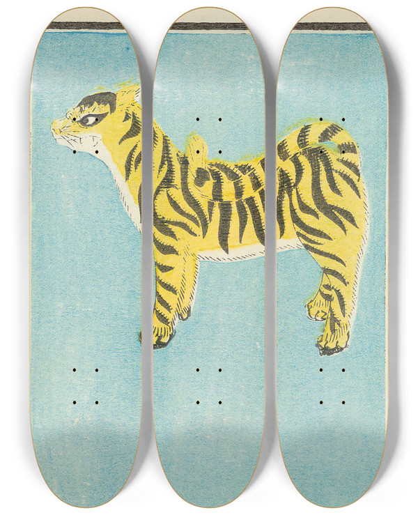 Triptych art skateboard deck of Jinta Hirayama Illustrated Catalogue Of Daylight Bomb Shells No 70 by Jinta Hirayama (19-)