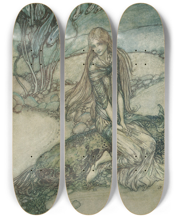 Triptych art skateboard deck of Arthur Rackham He Could See Undine Beneath The Crystal Vault by Arthur Rackham (1867-1939)