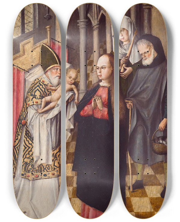Triptych art skateboard deck of Cornelis Buys Presentation In The Temple by Cornelis Buys (16-)