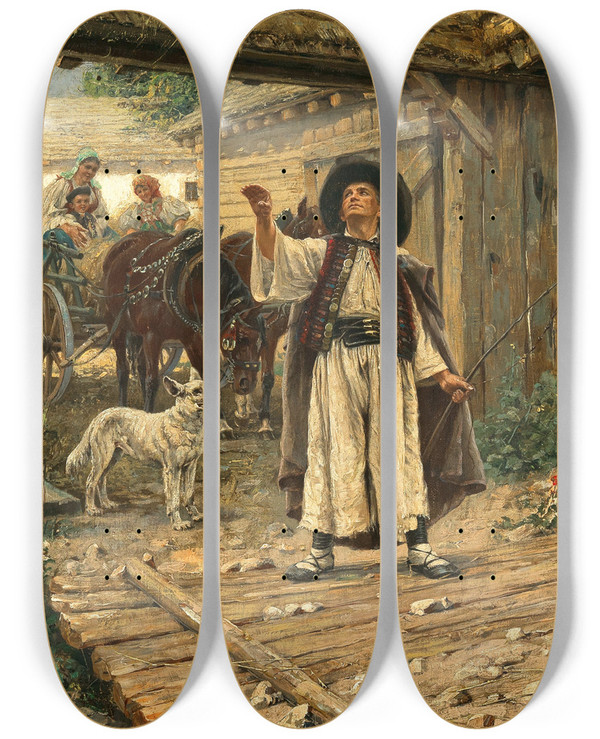 Triptych art skateboard deck of Jaroslav Vn Is It Going To Rain by Jaroslav Vesin (1860-1915)