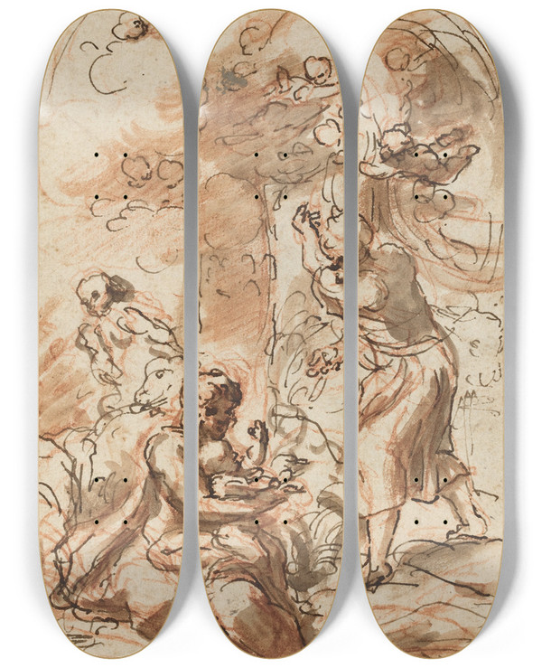 Triptych art skateboard deck of Correggio Study For The Madonna Della Scodella Recto by Correggio (1489-1534)