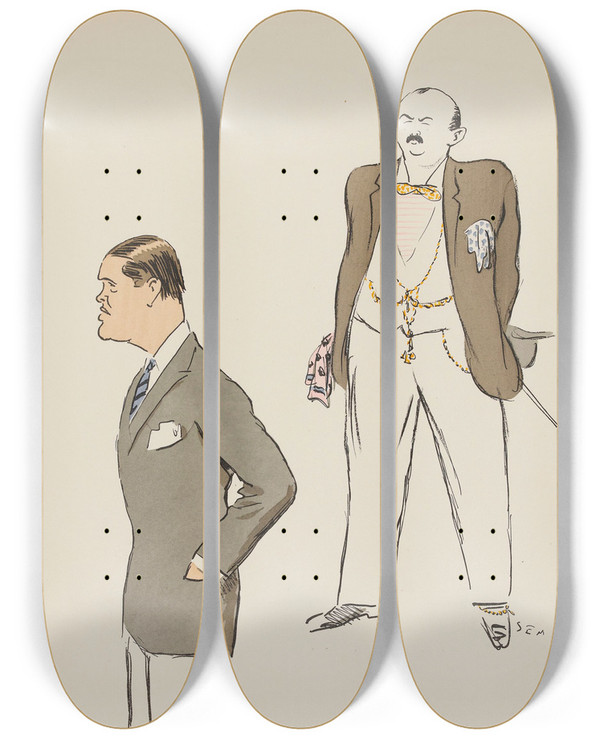Triptych art skateboard deck of Georges Goursat Sem Cacao Et Macoco by Georges Goursat (Sem) (1863-1934)