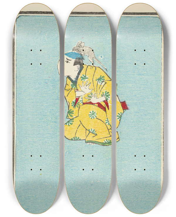 Triptych art skateboard deck of Jinta Hirayama Illustrated Catalogue Of Daylight Bomb Shells No 29 by Jinta Hirayama (19-)