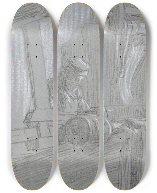 Triptych art skateboard deck of Jan Veth Arbeider Achter Een Weefgetouw by Jan Veth (1864-1925)