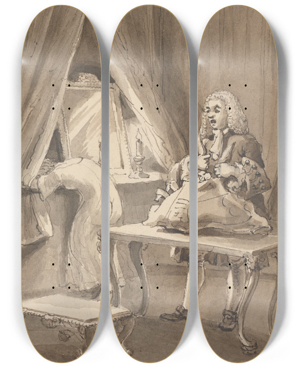 Triptych art skateboard deck of John Thomas Smith Hogarth After His Wife Had Put On A New Night Shirt Ties Up Her Things To Send To Sir James Thornhill With A Letter by John Thomas Smith (1766-1833)