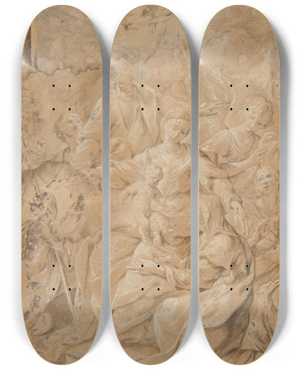 Triptych art skateboard deck of Andrea Sacchi Holy Family by Andrea Sacchi (1599-1661)