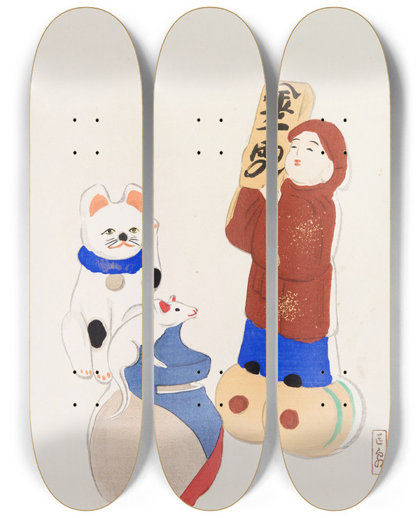 Triptych art skateboard deck of Kawasaki Kyosen Kyosens Collected Illustrations Of Japanese Toys Pl072 by Kawasaki Kyosen (1877-1942)