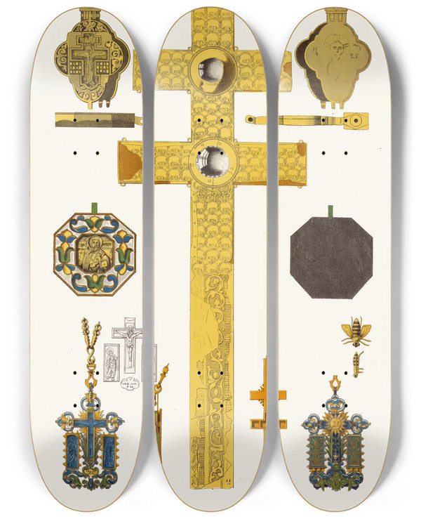 Triptych art skateboard deck of Fedor Grigoryevich Solntsev Drugaia Storona Vozdvizalnago Kresta Episkopa Antoniia I Tri Panagii by Fedor Grigoryevich Solntsev (1801-1892)