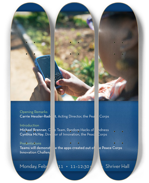 Triptych art skateboard deck of Peace Corps Apps Showcase by Peace Corps (20-)