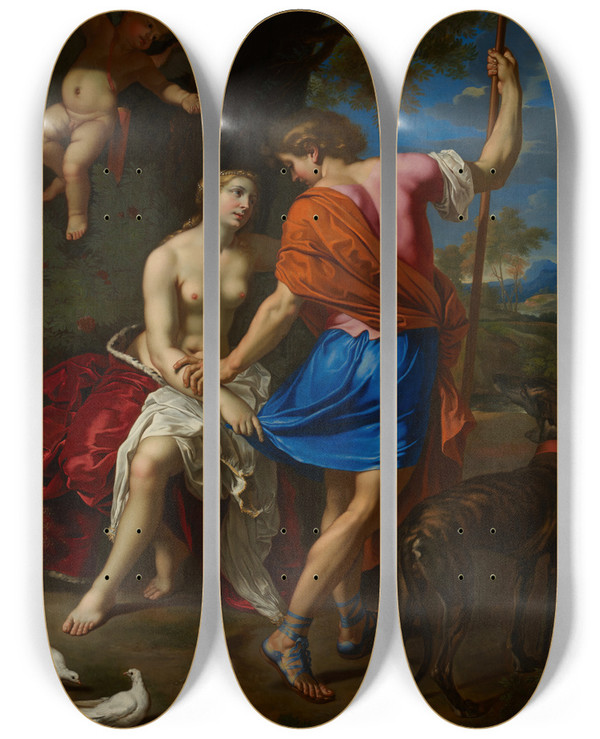 Triptych art skateboard deck of Nicolas Mignard Venus And Adonis by Nicolas Mignard (1606-1668)