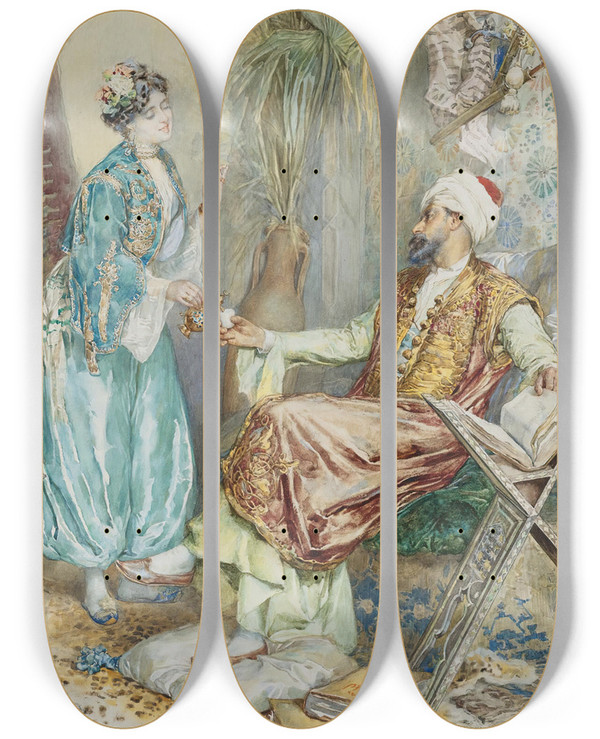 Triptych art skateboard deck of Amedeo Simonetti Teatime_2 by Amedeo Simonetti (1874-1922)