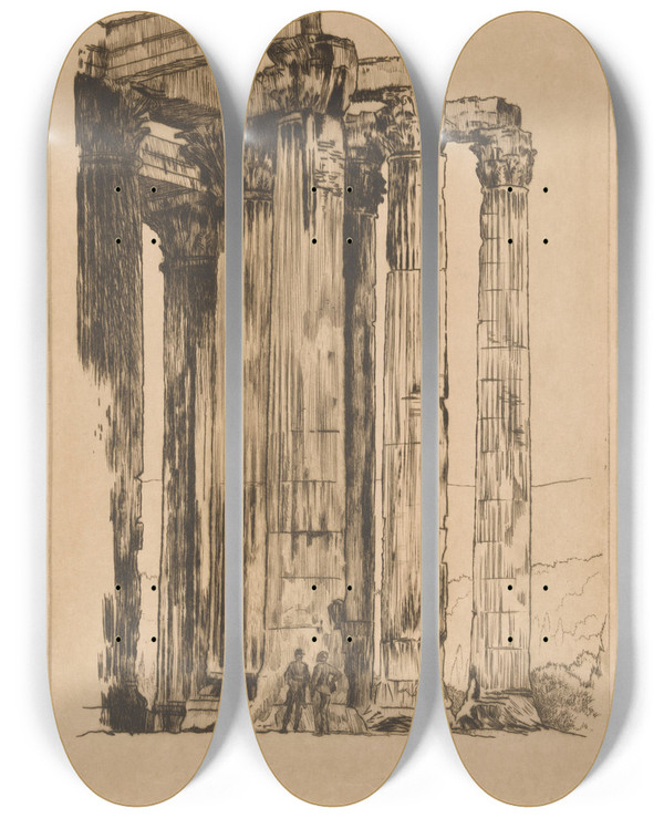 Triptych art skateboard deck of Huib Luns Olympieion Met Twee Mannen Voor Een Zuil by Huib Luns (1881-1942)