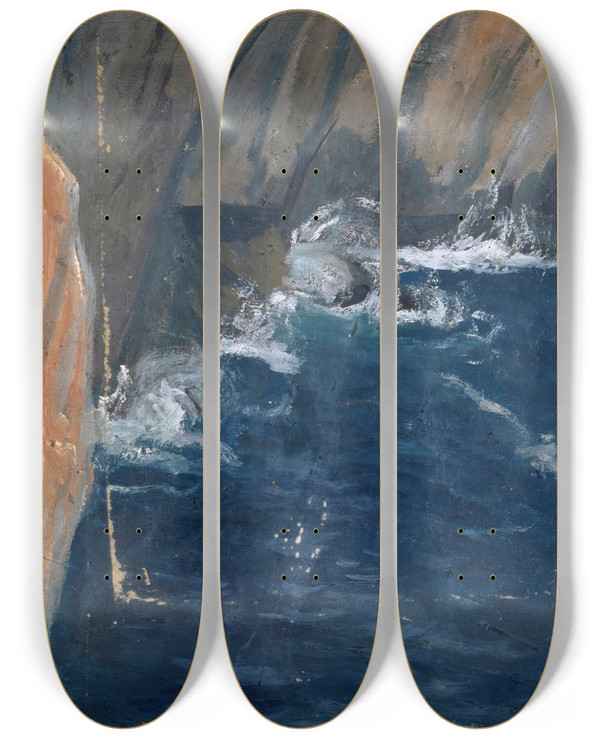 Triptych art skateboard deck of Ernst Schiess Wave Breaking At A Cliff by Ernst Schiess (1872-1919)