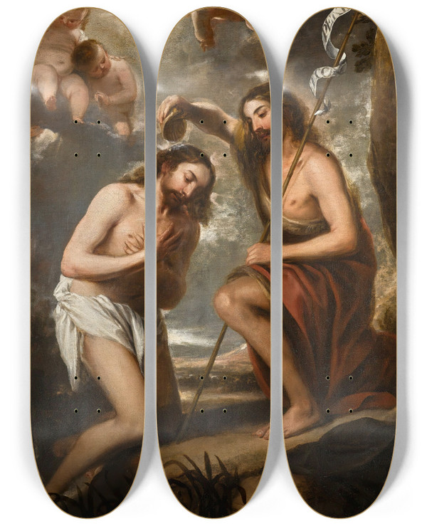Triptych art skateboard deck of Jos Antolinez The Baptism Of Christ by Jose Antolinez (1635-1675)