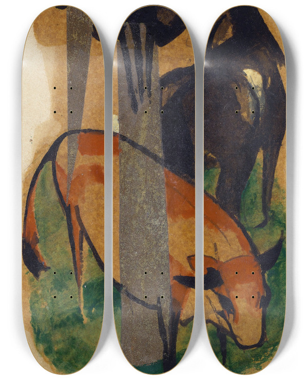 Triptych art skateboard deck of Franz Marc Red Horse And Yellow Cattle Blackbrown Horse And Yellow Cattle by Franz Marc (1880-1916)