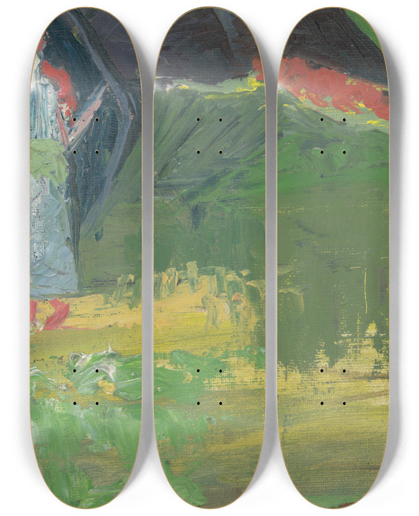 Triptych art skateboard deck of Arnold Peter Weiszkubnan Girl In Front Of A Shepherds Hut by Arnold Peter Weisz-Kubnan (1898-1944)