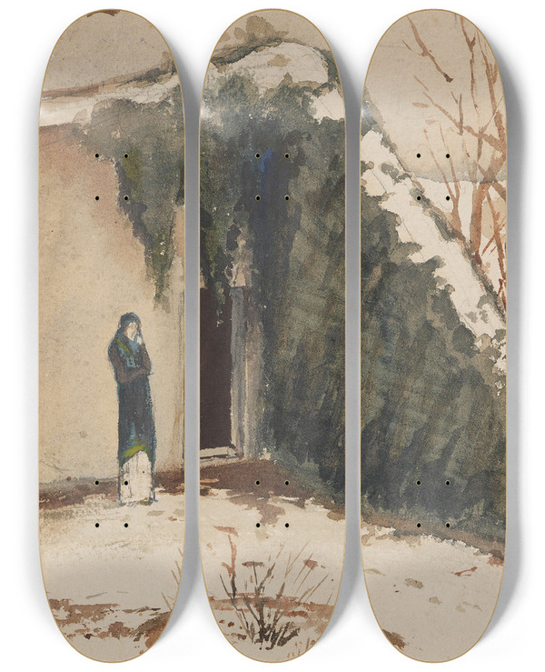 Triptych art skateboard deck of August Macke Frau Im Innenhof by August Macke (1887-1914)