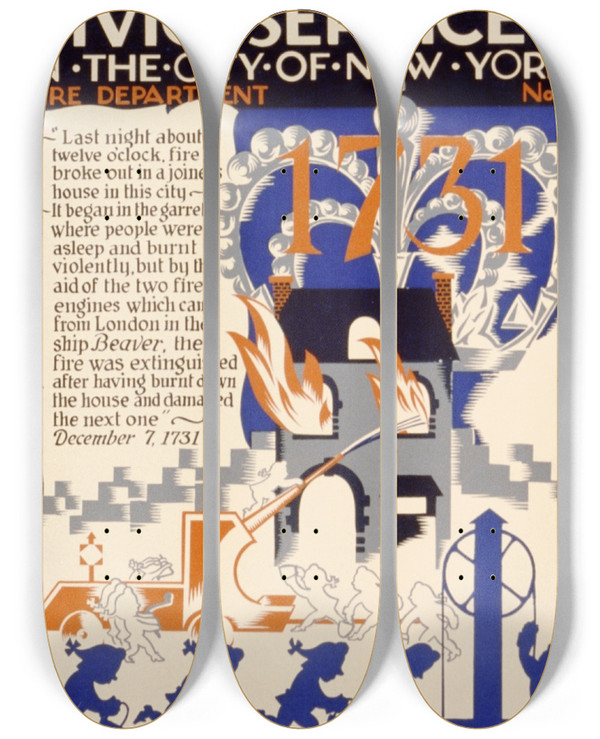 Triptych art skateboard deck of Vera Bock History Of Civic Services In The City Of New York Fire Department No 2 by Vera Bock (1905-1973)