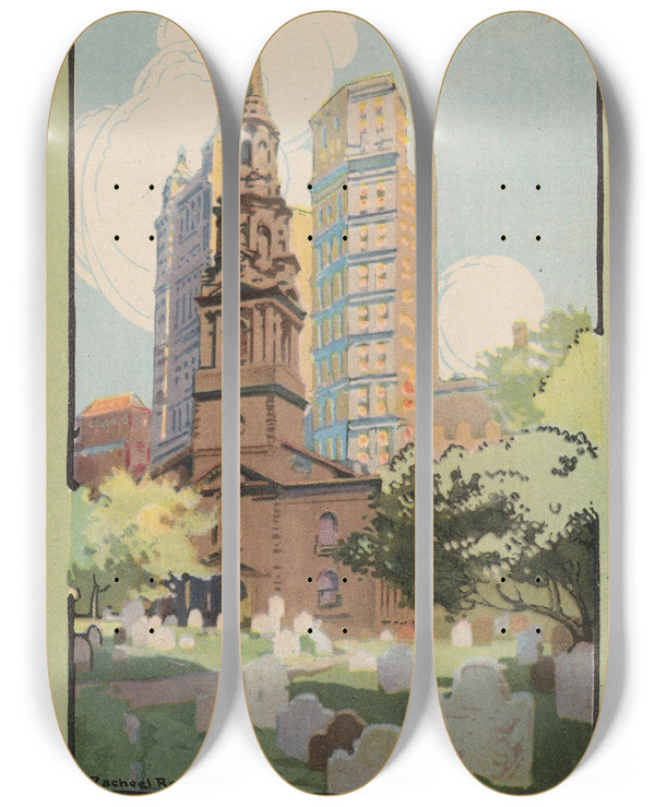 Triptych art skateboard deck of Rachael Robinson Elmer St Pauls Chapel by Rachael Robinson Elmer (1878-1919)