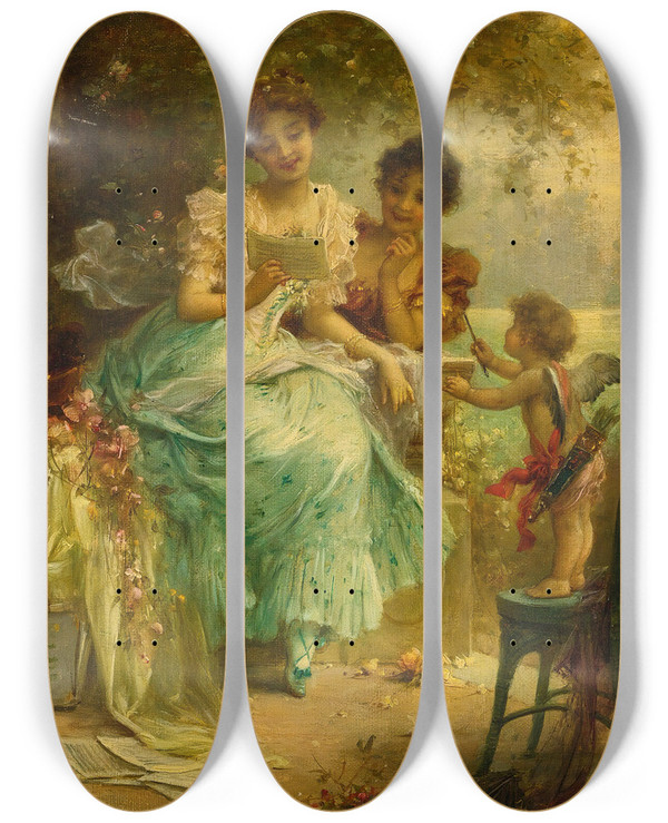 Triptych art skateboard deck of Hans Zatzka The Love Letter by Hans Zatzka (1859-1945)
