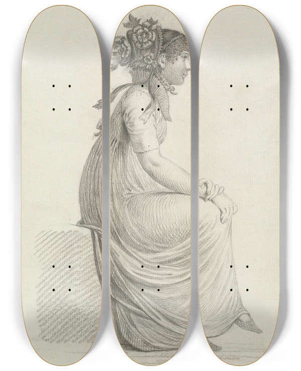 Triptych art skateboard deck of Carl Wilhelm Kolbe The Elder A Seated Young Woman Wearing A Fashionable Hat by Carl Wilhelm Kolbe the elder (1757-1835)