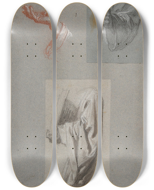 Triptych art skateboard deck of Isidore Pils A Hand Of Saint Remi B Hand Of Saint Remi C Drapery Study For Acolyte Holding Book by Isidore Pils (1815-1875)