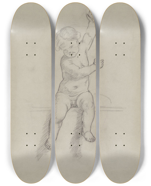 Triptych art skateboard deck of Adolph Tidemand Sittende Guttebarn Med Lftede Armer by Adolph Tidemand (1814-1876)