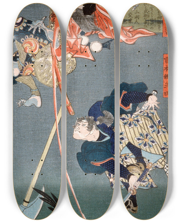 Triptych art skateboard deck of Tsukioka Yoshitoshi Miyamoto Musashi Slashing A Tengu by Tsukioka Yoshitoshi (1839-1892)