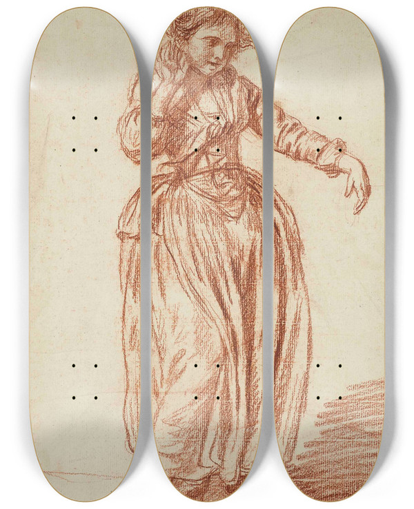 Triptych art skateboard deck of Jeanbaptiste Greuze Jeune Fille Debout La Main Droite Sur Loreille by Jean-Baptiste Greuze (1725-1805)