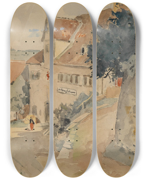 Triptych art skateboard deck of Eduard Zetsche Motiv Aus Kirchberg An Der Jagst by Eduard Zetsche (1844-1927)