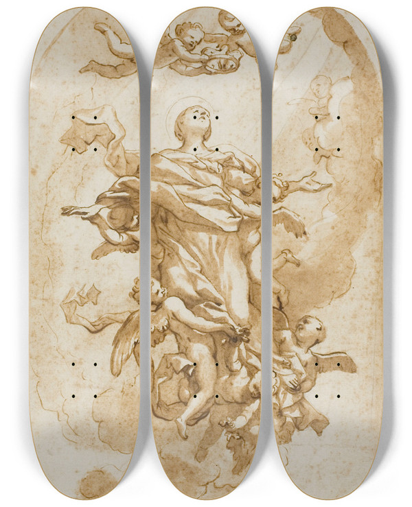 Triptych art skateboard deck of Domenico Piola Assumption Of The Virgin_2 by Domenico Piola (1627-1703)
