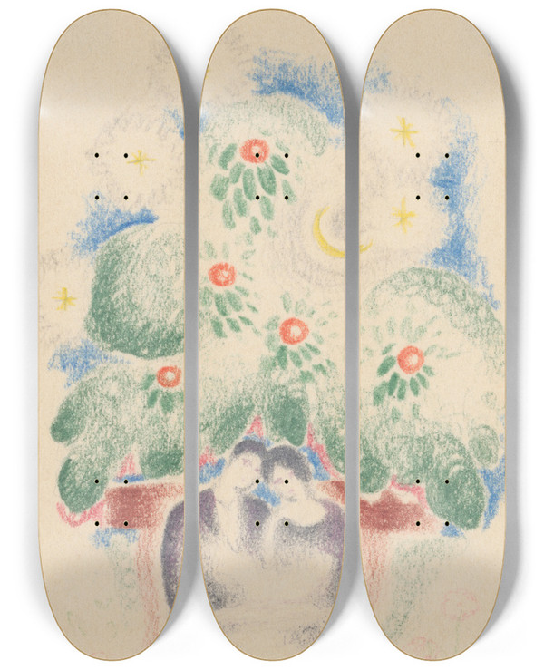 Triptych art skateboard deck of Mikul Galanda Lovers On A Bench_1 by Mikulas Galanda (1895-1938)