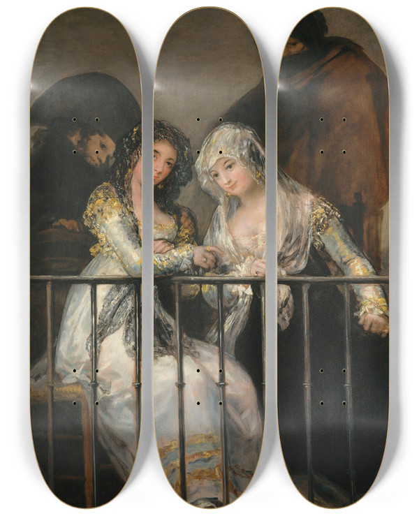 Triptych art skateboard deck of Francisco De Goya Majas On A Balcony by Francisco de Goya (1746-1828)