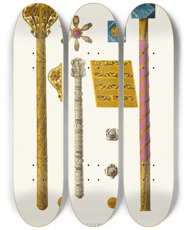 Triptych art skateboard deck of Fedor Grigoryevich Solntsev Bulava Tsaria Mikhaila Feodorovicha Bulava Iz Rybei Kosti Buzdyhan Podnesennyi Tsariu Alekseiu Mikhailovichu V 1658 Godu Grekom Dmitriem Ostafevym by Fedor Grigoryevich Solntsev (1801-1892)