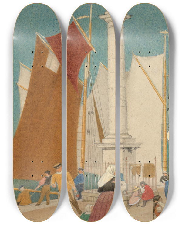 Triptych art skateboard deck of Joseph Edward Southall Calais by Joseph Edward Southall (1861-1944)