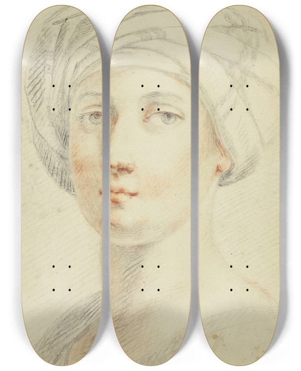 Triptych art skateboard deck of David Allan Portrait Bust Of Young Woman In Turban by David Allan (1744-1796)
