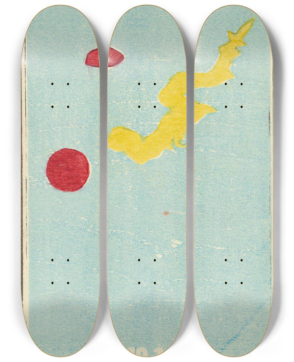 Triptych art skateboard deck of Jinta Hirayama Illustrated Catalogue Of Daylight Bomb Shells No 16 by Jinta Hirayama (19-)