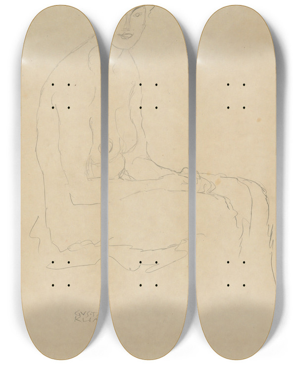Triptych art skateboard deck of Gustav Klimt Sitzender Akt Nach by Gustav Klimt (1862-1918)