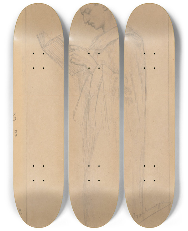 Triptych art skateboard deck of Gustave Boulanger A Man Reading by Gustave Boulanger (1824-1888)