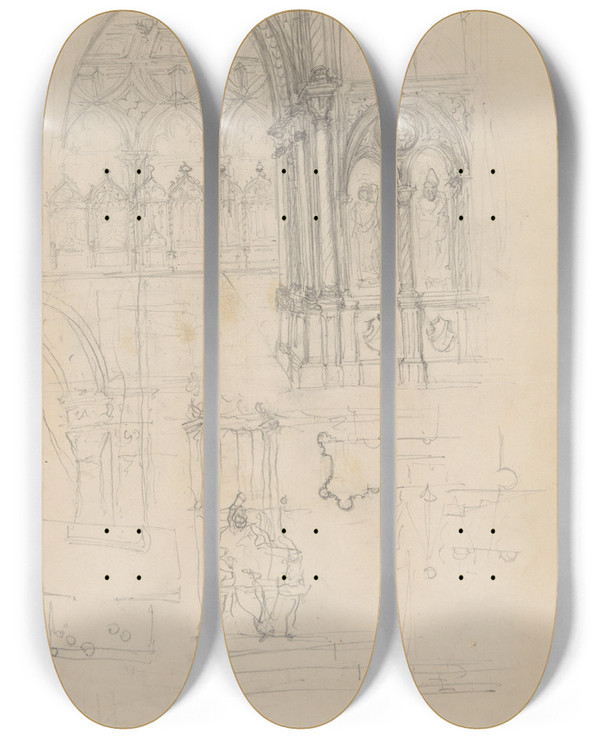 Triptych art skateboard deck of Jzef Simmler Sketches Of Fragments Of Gothic Architecture by Jozef Simmler (1823-1868)