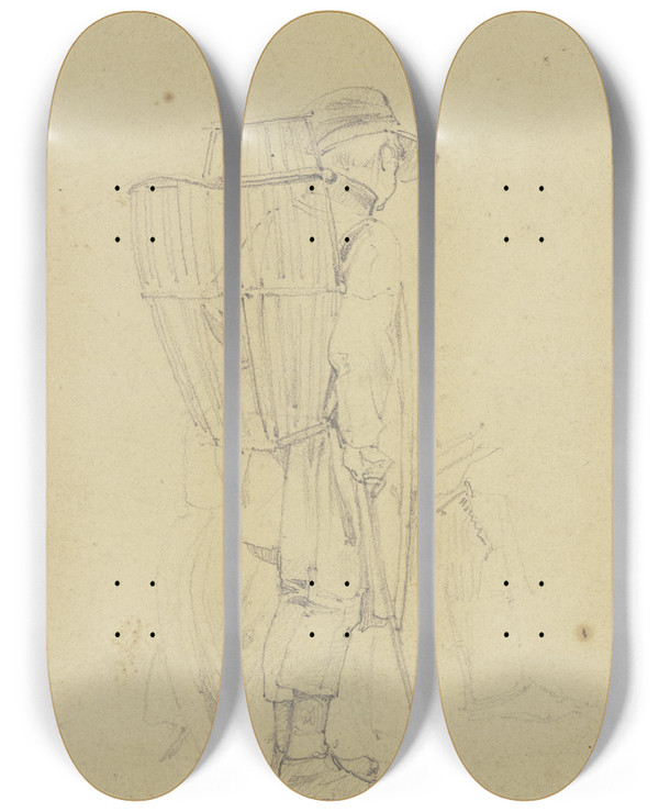Triptych art skateboard deck of Jakob Frchtegott Dielmann Ein Bauer Mit Einer Kiepe Sieht Einem Maler Zu Der Zeichnet by Jakob Furchtegott Dielmann (1809-1885)