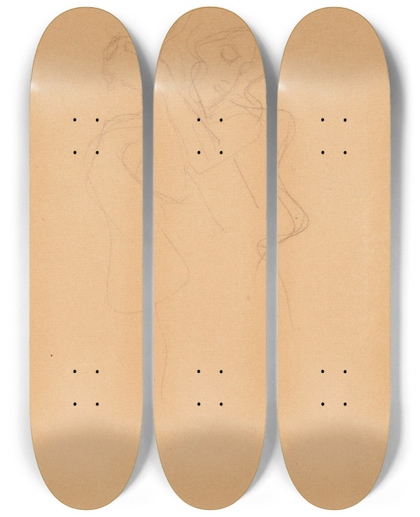 Triptych art skateboard deck of Gustav Klimt Bekleidete Figur Nach Rechts Dressed Figure To The Right by Gustav Klimt (1862-1918)