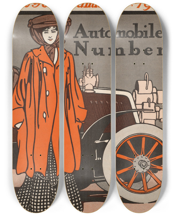 Triptych art skateboard deck of Edward Penfield Colliers Automobile Number by Edward Penfield (1866-1925)