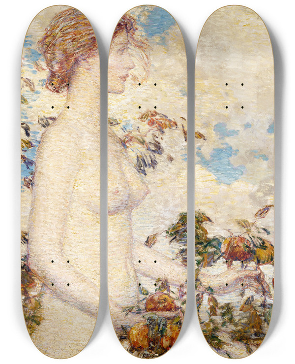 Triptych art skateboard deck of Childe Hassam Pomona by Childe Hassam (1859-1935)