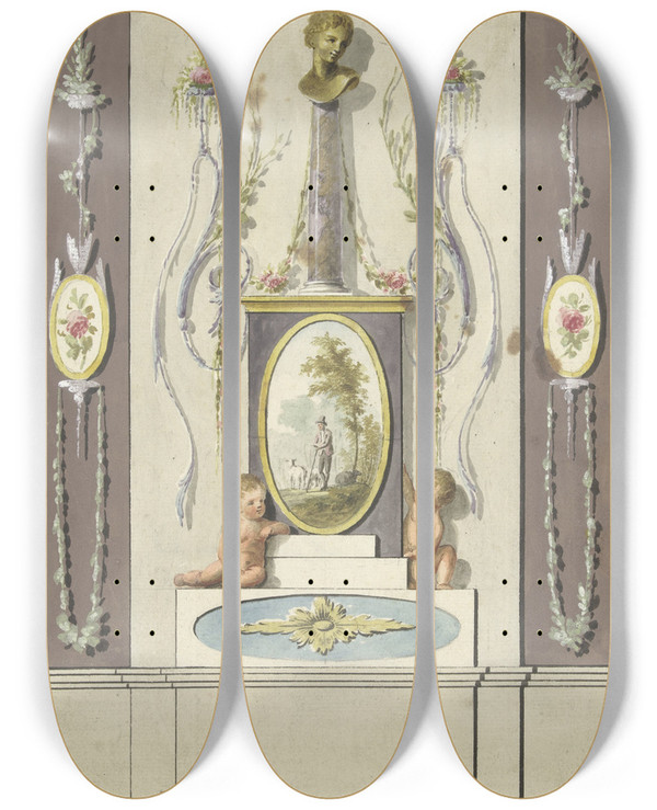 Triptych art skateboard deck of Abraham Meertens Ontwerp Voor Kamerversiering Met Een Paneel Met Een Buste Op Een Zuil by Abraham Meertens (1747-1823)